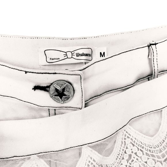 90s Off White Denim Skort Skirt Short Side Zippers Crochet Lace Trim Pockets M - Picture 8 of 8